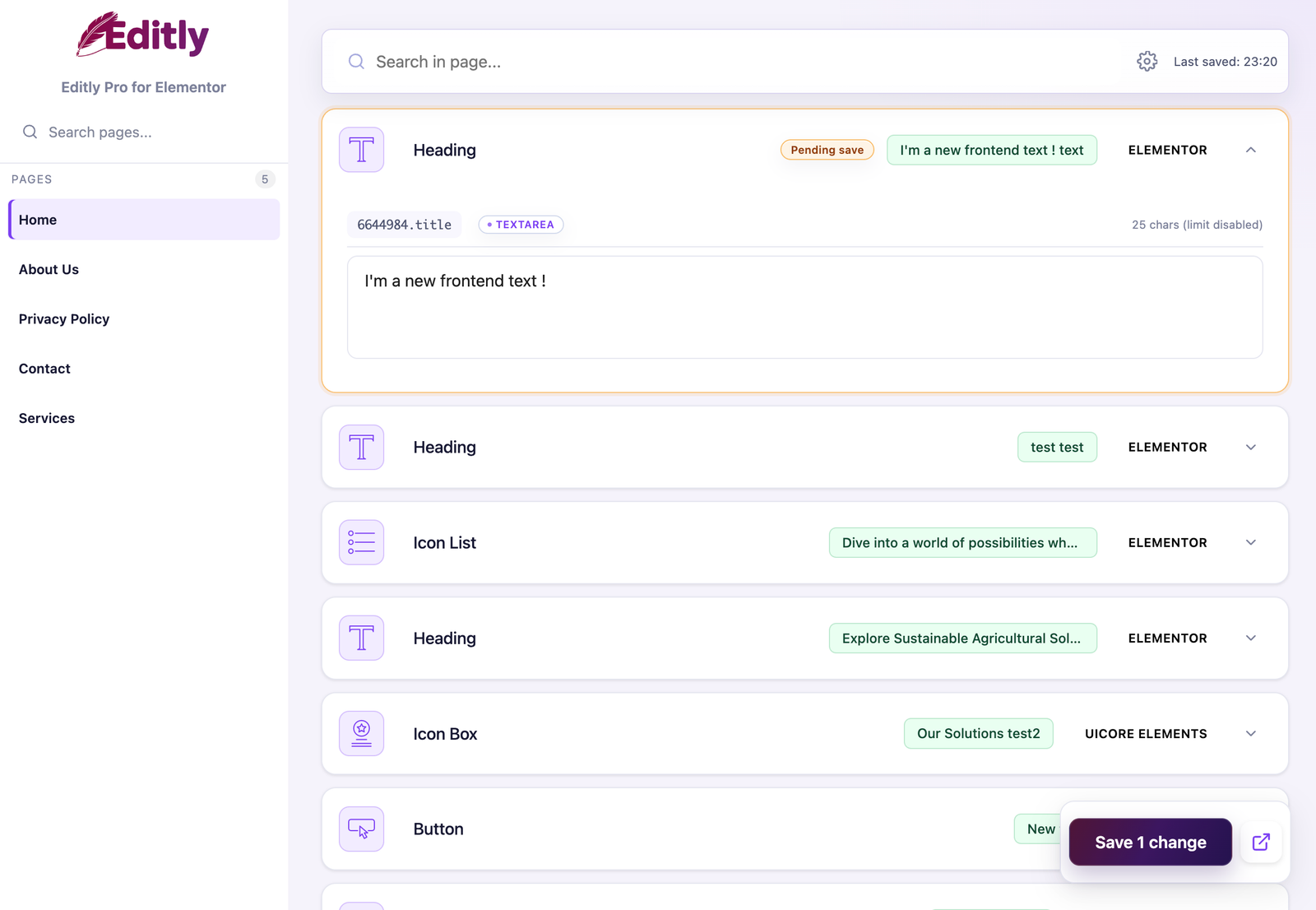 Editly Pro interface showing Elementor text fields ready for a controlled content update