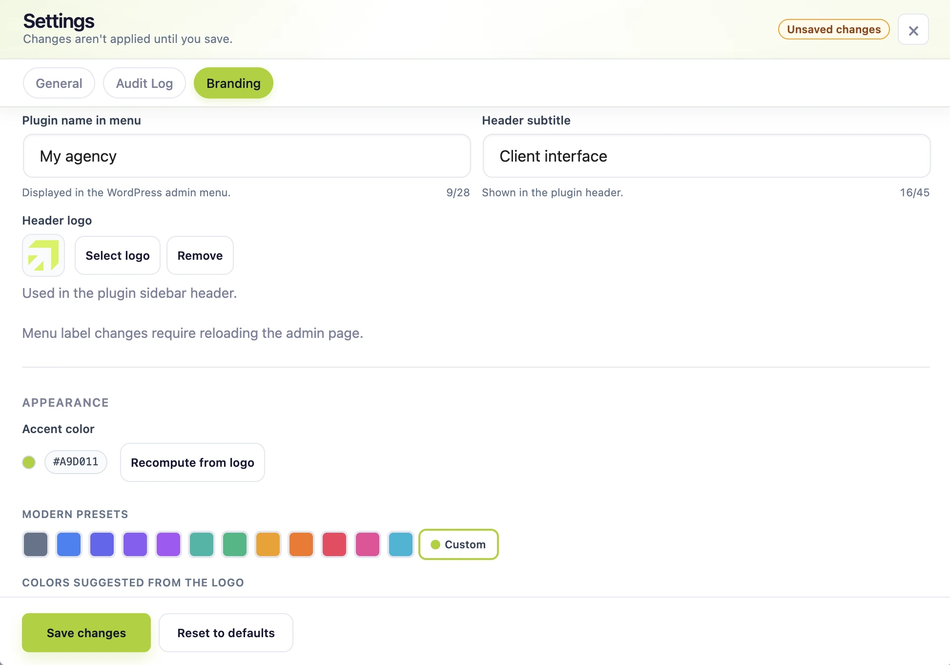 Editly Pro Branding settings showing the agency menu label, header subtitle, logo, accent color, presets, and logo-derived color suggestions