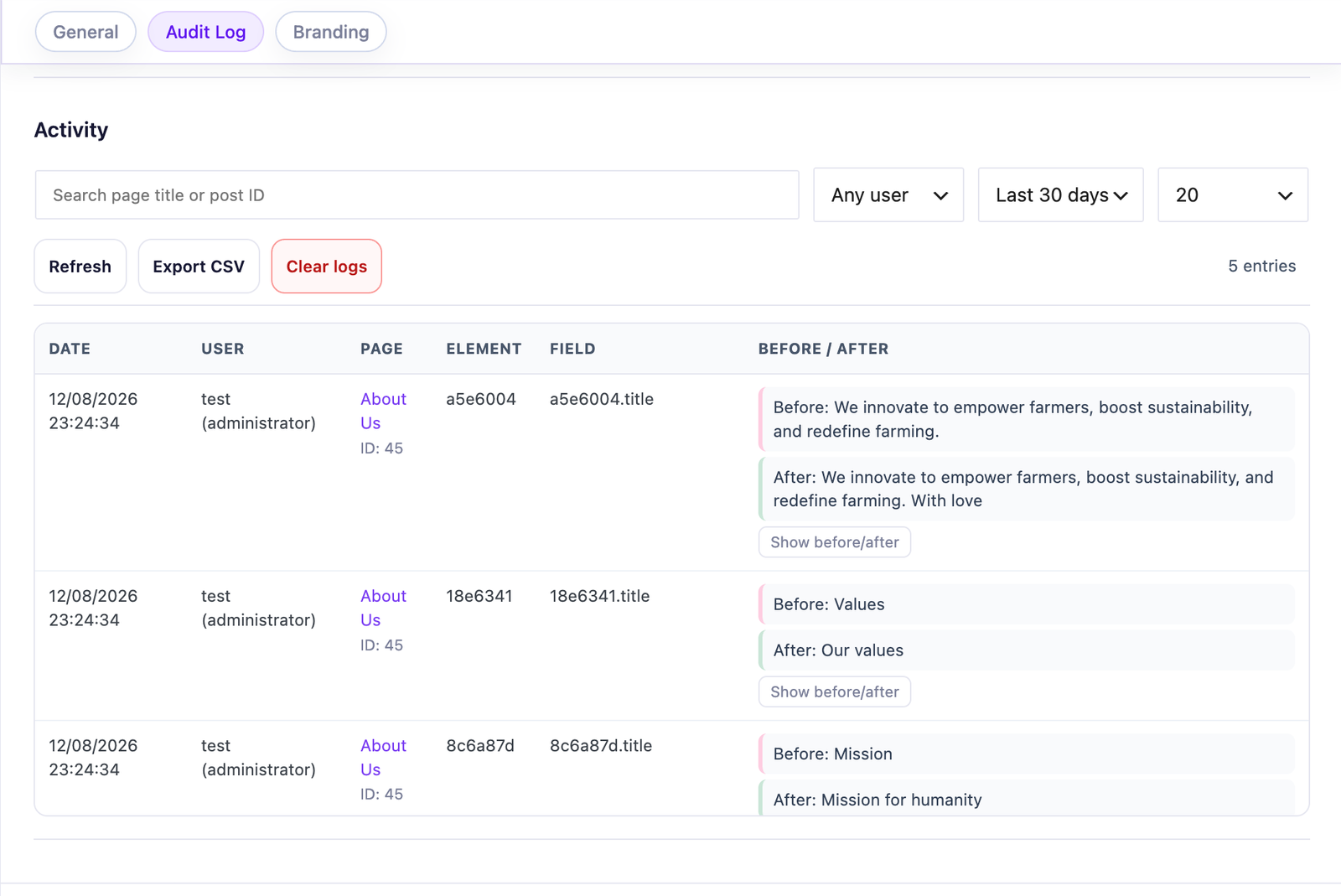 Editly Pro audit log listing Elementor content changes with before and after values