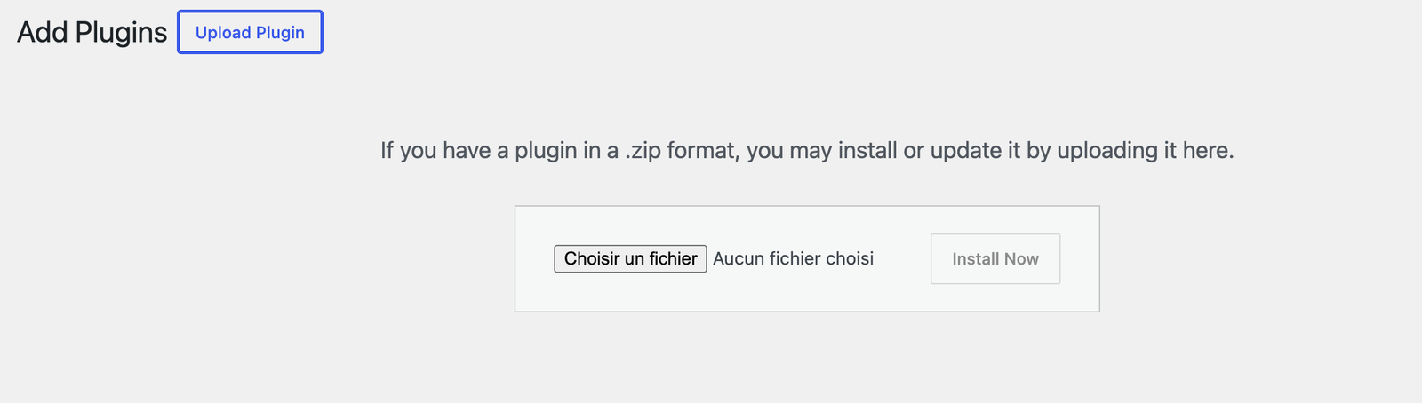 WordPress Add Plugins screen with the Upload Plugin action highlighted