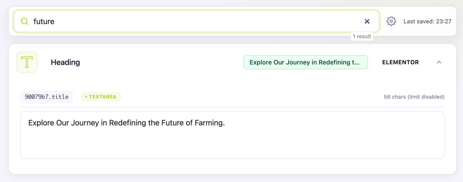 Editly in-page search finding an editable Elementor text field