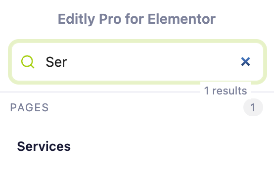 Editly sidebar search finding a matching Elementor page in WordPress admin