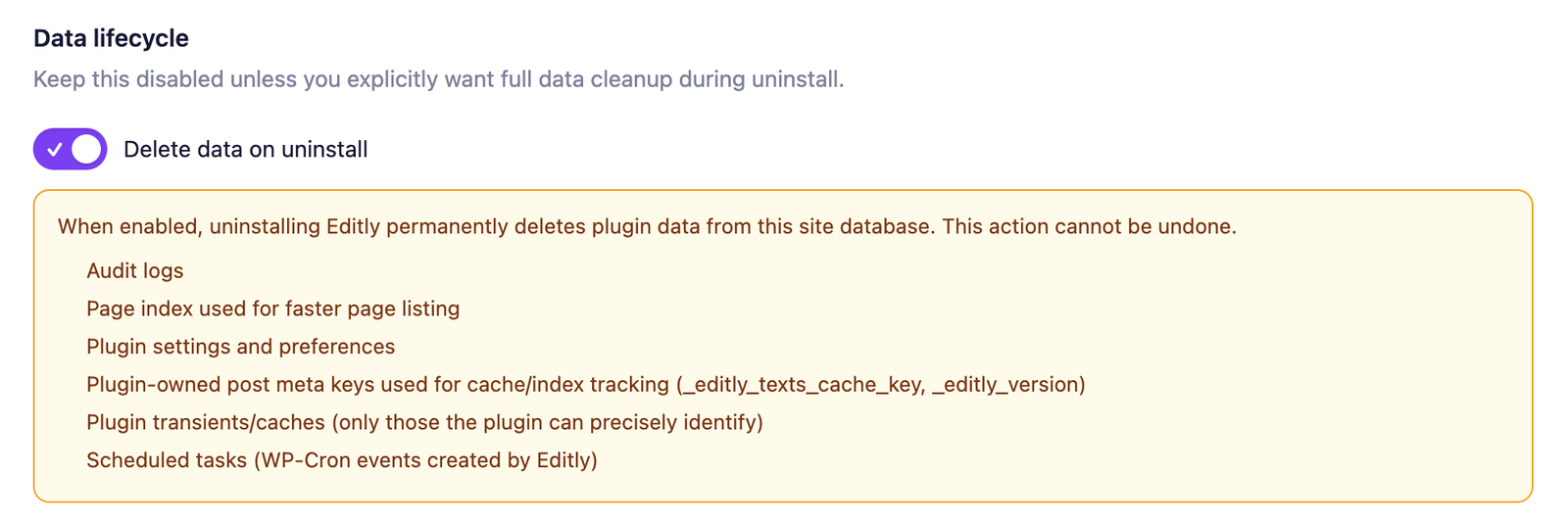 Editly delete data on uninstall setting with the local data cleanup warning