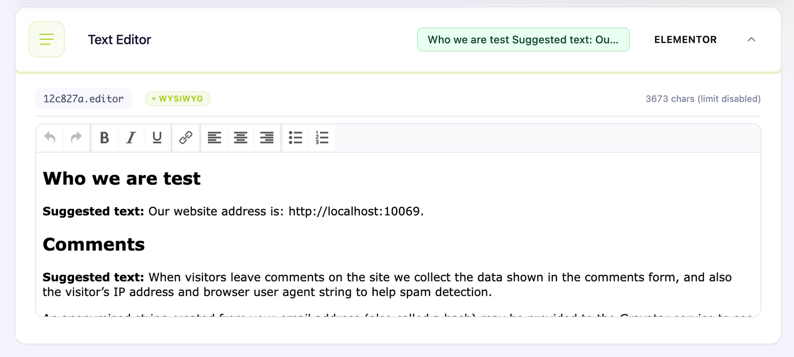 Editly WYSIWYG editor for supported Elementor text content in WordPress admin